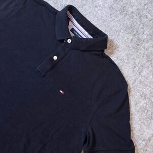 Tommy Hilfiger Men's Large Custom Fit Polo‎ Shirt Black Red Trim Short Sleeve